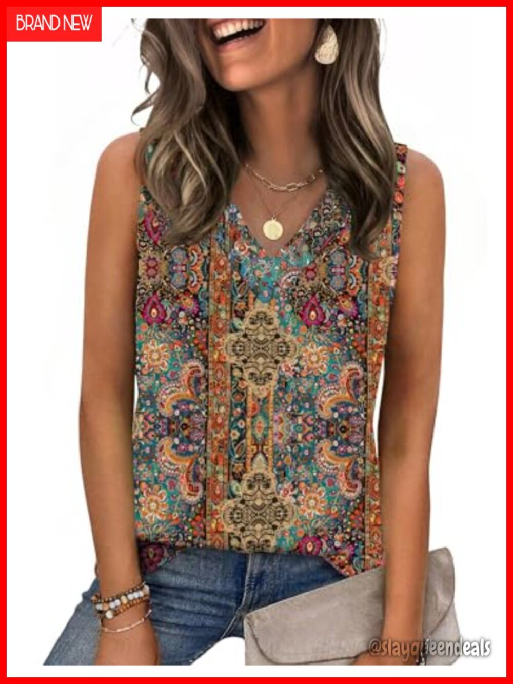 Women's Loose Fit V Neck Sleeveless Tank Top Summer Casual Blouse